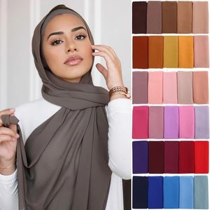 Hijabs musulman en mousseline de soie Hijab écharpe femmes longue couleur unie tête enveloppement pour foulards dames voile Jersey 18070 cm 230823