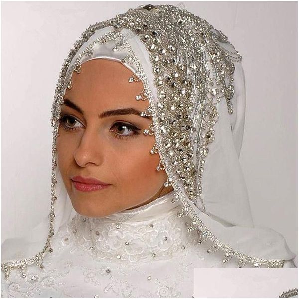 Hijabs muçulmano véus longos hijab contas de luxo cristal nupcial uma camada feita sob encomenda acessórios moda velos de novia entrega gota chapéus dho3a