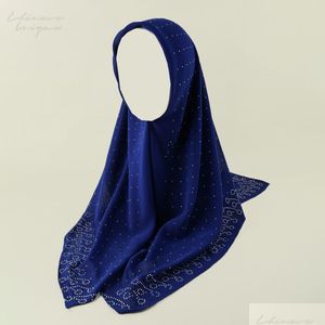 Hijabs Femmes Musulmanes Mode Foulards Carré Hijab Foulards En Mousseline De Soie Strass Voile Islam Diamant Couleur Unie Folk-Custom 230509 Dro Dhgq1