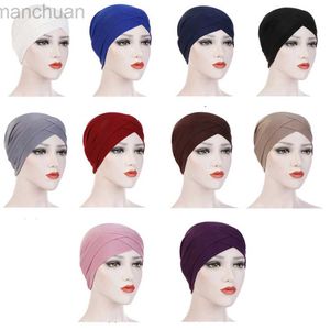 Hijabs Nouveau femme chapeau couleur solide musulman turban cross-the wrap chimio bandana écharpe musulmane hijab capet capeur india chapeau ethnique hatte intérieur d240425