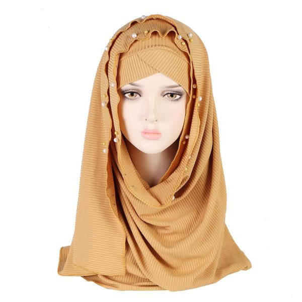 Hijabs Plain Perles Rides Jersey Hijab Châle Avec Modal Cap Femmes Voile Wrap Solide Écharpe Musulmane Ramadan Turban Bandeau 161X60Cm Drop Dhg8V