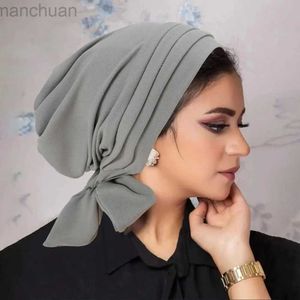 Hijabs vooraf verbonden moslimvrouwen hijab Bonnet vaste kleur geplooided Underscarf tulband chemo cap suede oppervlakte ruche d240425