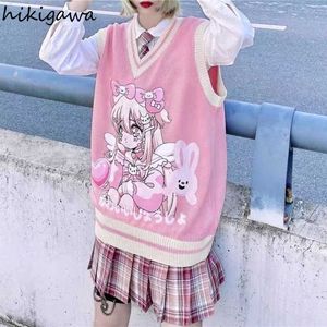 Hikigawa trui vest vrouwen vallen kleding cartoon print schattige gebreide truien tops mujer preppy stijl losse casual vest 211008