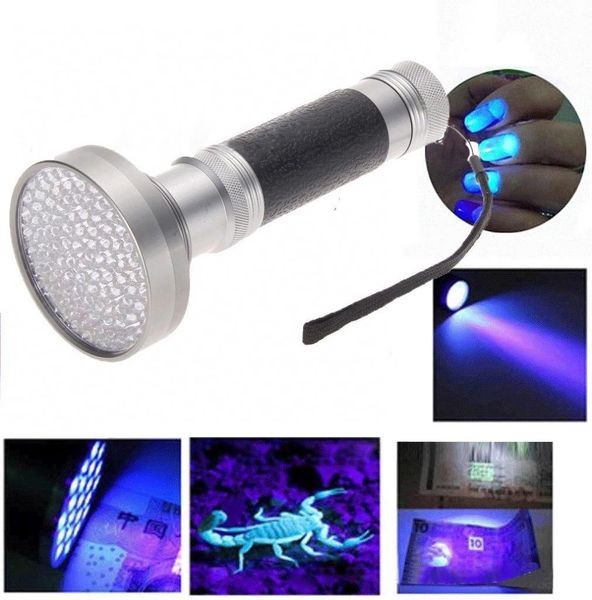 Senderismo y camping Linternas Antorchas Negro Plata 395-400nm 100LED UV Linterna Blacklight Antorcha Luz violeta portátil