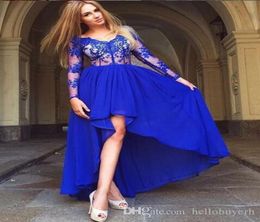 Hilo Royal Blue Lace Chiffon Lange mouw Korte prom -jurken Korte voorkant Lange rug gewaden de cocktail avondjurken 20194063594