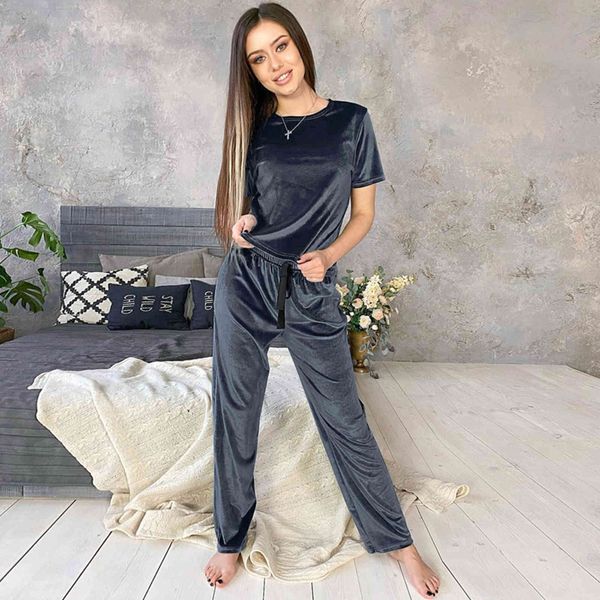 HiLoc, ropa de dormir de terciopelo azul, conjuntos cálidos de invierno para el hogar, pijamas femeninos, pantalones sueltos, cinta de punto, conjunto de dos piezas de manga corta para salón