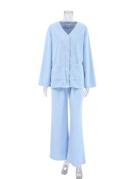 Hiloc Blue Woolen Cálido Pajamas para mujeres de invierno Pajama de cuello en V de un solo pecho Pajama de manga completa Palabia doble Sleepwear 2024 Nuevo