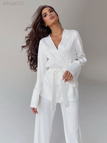 Hiloc Élégant Blanc Pantalon Costumes Flare Manches Longues Femmes Pyjamas Maison Costume Lâche Kimono Robe Ensembles Satin Pyjamas Avec Pantalon 2022 L220803