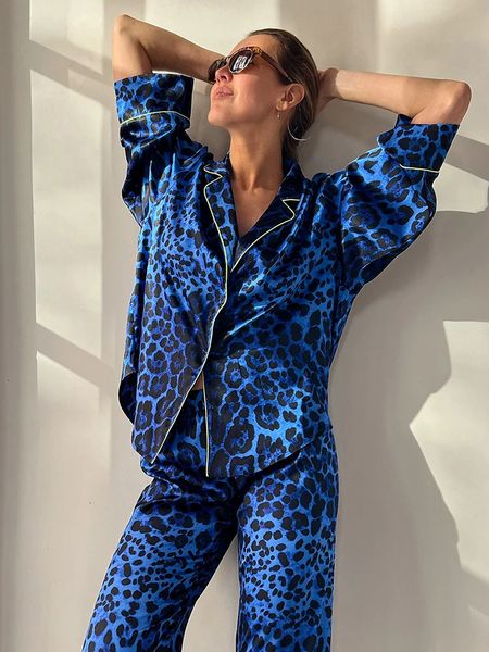 Hiloc Leopard Print Satin Sleepwear Women sets Fonds à domicile à semestres simples Fashion Trois Quarter à manches Pyjama Set 240415