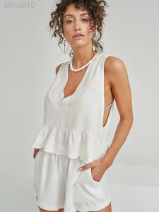 Hiloc Low Cut Sexy Nightwear Mouwess Peplum Top Vrouwen Pyjamas White V Nek Intieme Lingerie Vrouwen Sets Zomer Home Suit L220803