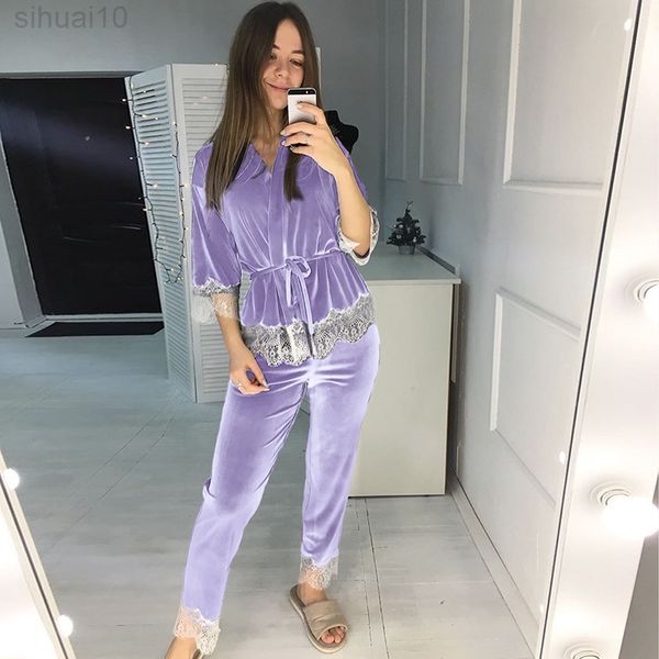 Hiloc Purple Splicing Velevt Ropa de dormir Mujer Conjunto de ropa 2021 Tejer Pijamas cálidos con pantalones Patchwork Lace Sexy Traje Conjuntos Primavera L220803