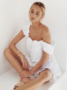 Hiloc vêtements de nuit froncés femmes coton blanc sans manches pyjama Sexy dos nu costume d'été pour les femmes solide vêtements de nuit amples 240227