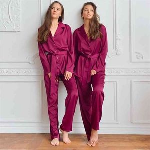 HiLoc Satin Pyjamas Pour Femmes Vêtements De Nuit En Soie Pure Color À Manches Longues Deux Pièces Ensemble Avec Ceintures Rouge Rose Vêtements Printemps 210830