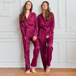 Hiloc Satin Pyjamas Pour Femmes Vêtements De Nuit En Soie Pure Color Manches Longues Deux Pièces Ensemble Avec Aiguise Rouge Rose Vêtements Ensemble 2021 Printemps L220803