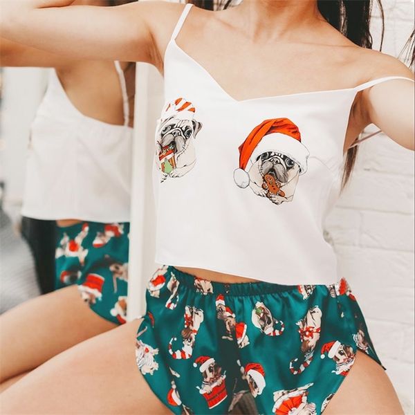 Hiloc Shar Pei Dog avec chapeau mignon pyjamas ensemble motif Noël Pijamas belle vêtements de nuit femmes vêtements de nuit sexy costume de maison ensemble satin 210320