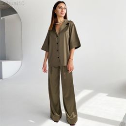 Hiloc Solid Drop Sheeves Pyjamas Turn Down kraag 2-delige set vrouwen pyjama's met broek 2021 Spring V-hals Nightwear Satin L220803