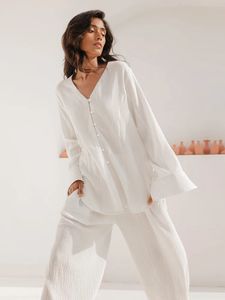 Hiloc blanc vêtements de nuit en coton à manches longues femmes pyjama taille haute pantalon ensemble simple boutonnage col en v maison costume printemps femmes costume 240227
