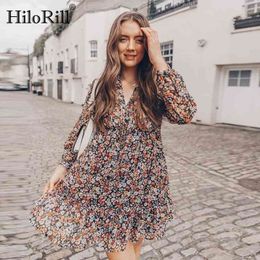 HiloRill été Boho imprimé floral robe femmes lanterne à manches longues robes plissées col en V plage Mini robe femme Roupa Feminina 210325