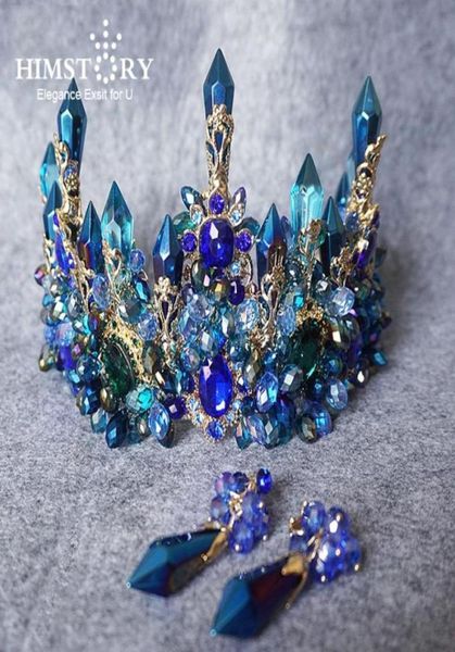 HimStory Amazing Brides surdimensize Blue Baroque Royal Crown Headpice rétro Green Rignestone Tiara Hairbands Hair Hair Bijoux S94031867