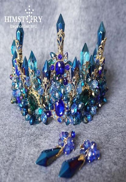 Himstory incroyable mariées surdimensionné bleu baroque couronne royale casque rétro vert strass diadème bandeaux bijoux de cheveux de mariage S99394900