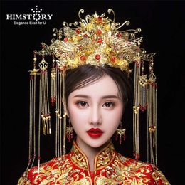 HIMSTORY Klassieke Chinese Bruiloft Phoenix Koningin Coronet Kroon Bruiden Goud Haar Sieraden Accessoires Kwastje Bruiloft Hairwear H08272419