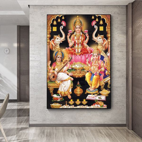 Dioses hindúes Señor Ganesha Krishna (Ganesha Krishna) lienzo carteles e impresiones arte Mural hindú decoración de la sala de estar pintura
