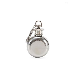 Petacas de 1 oz 28 ml Mini de acero inoxidable Petaca redonda de metal Licor Alcohol Whisky Wine Pot Plata pequeña con llavero Drinkware