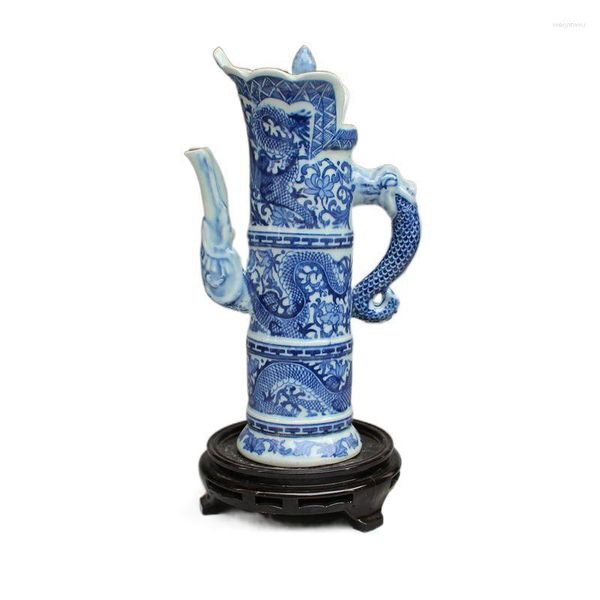 Frascos de cadera Antiguo Dispositivo de porcelana Cerámica Azul y blanco Bambú Olla Hervidor Dragón Vino