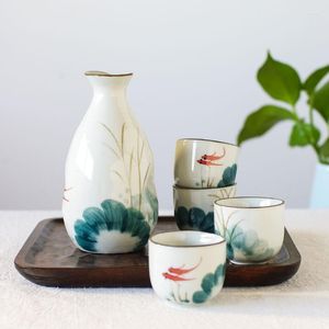 Heupflessen Keramische Sake Set Goudvis Lotus Ontwerp Wijnkop Koreaanse Soju Glazen Porselein Saki Pot (1 4 Kopjes) Vaatwasmachinebestendig