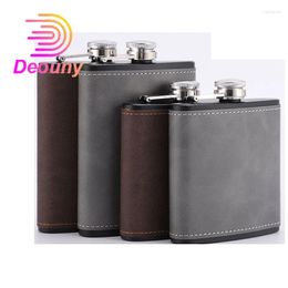 Flacons de hanche deouny 6 / 8oz Flask Flask marron en cuir en cuir en acier inoxydable enroulé pour l'alcool whisky homme cadeau