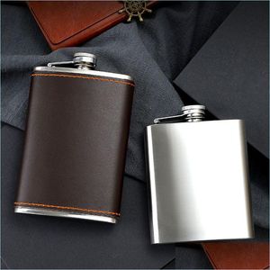 Hip Flasks Hip Flasks High Quality Leather 304 Stainless Steel Flask Portable Pocket Engraved Wine Drink Pot Alcohol Whiskey Vodka F Dhgmh