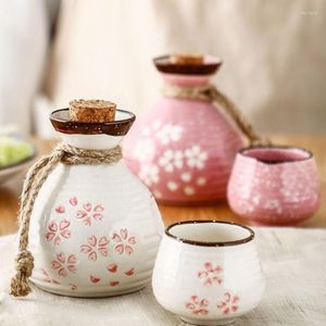 Hip Flacons Japonais Saké Pot Tasse Ensemble Fleurs De Cerisier Céramique Liqueur Maison Bar Vin Rétro Flagon Blanc Cadeaux