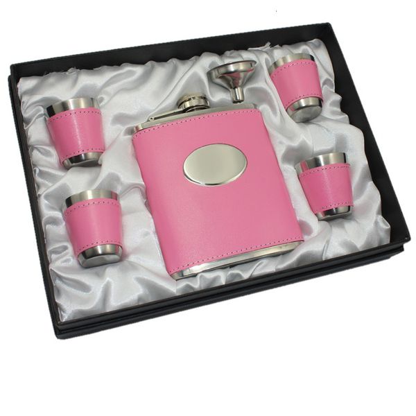 Flasques de hanche coffret cadeau pour femme en cuir rose flacon de hanche en acier inoxydable ensemble 6 pièces dans un ensemble votre nom peut être gravé gratuitement sur la partie ovale 221124