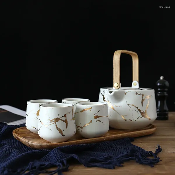 Flacons de hanche marbrés service à thé domestique tasse de l'après-midi en céramique noire et blanche de style japonais avec théière de support de base d'acacia mangium