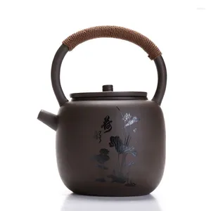 Flacons de hanche théière à poignée en boucle de sable violet, grande bouilloire à motif sculpté, service à thé, Pot en céramique de Style japonais pour la maison
