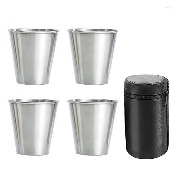 Petacas de acero inoxidable S Cups Juego de 4 vasos de metal Frasco apilable pequeño con bolsa de cuero para exteriores