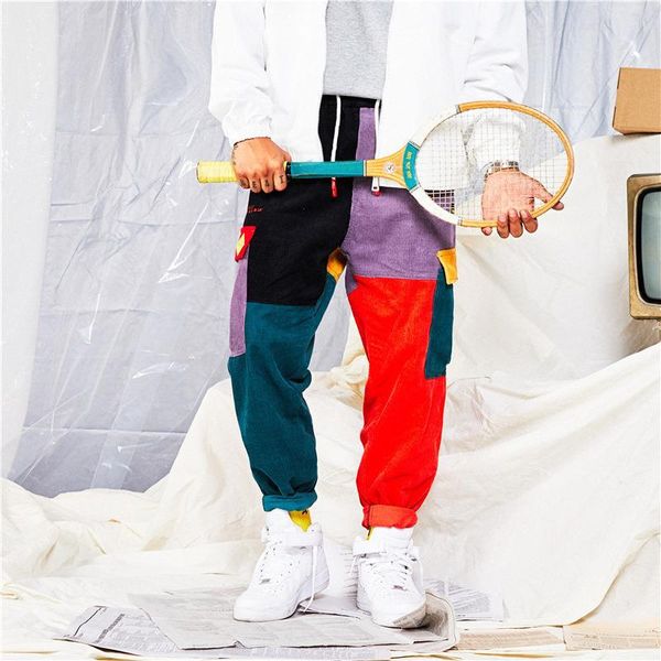 Hip Hip hommes pantalons Vintage couleur bloc Patchwork velours côtelé Cargo sarouel Streetwear Harajuku survêtement pantalon de survêtement coton pantalon