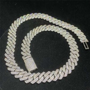 Hip Hop 12mm 14mm 15mm Dubbele Rij Mosan Stone Set met 925 Sterling Zilveren Cubaanse Ketting echte Vergulde Heren Ketting