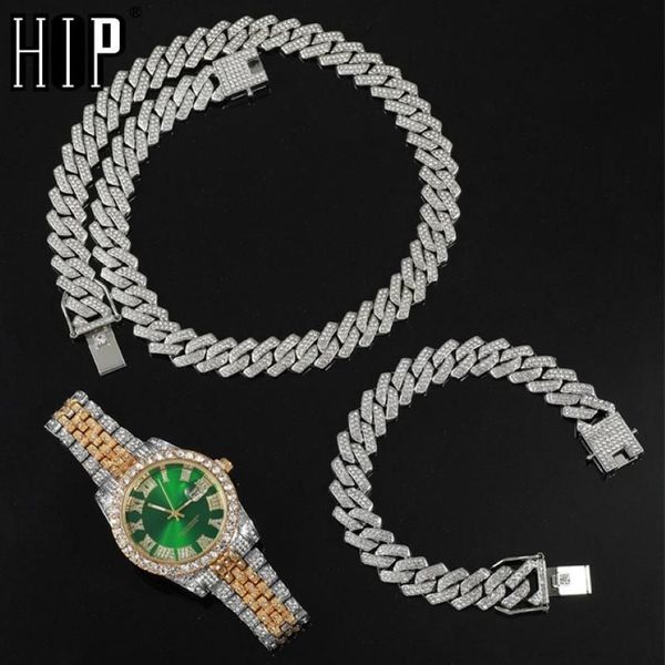 Hip Hop 13 5 mm 3pcs Kit Heavy Watch Prong Collier cubain Bracelet Bling Crystal Iced Out Ringestones Chaînes pour hommes Jewelry249n