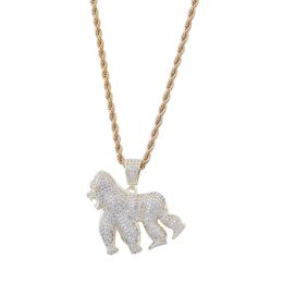 Hip Hop 14K Vergulde Gorilla Hanger Ketting Iced Out Alle Zirkoon Messing Goud Verzilverd Charm Animal Ketting voor Mannen Women307s