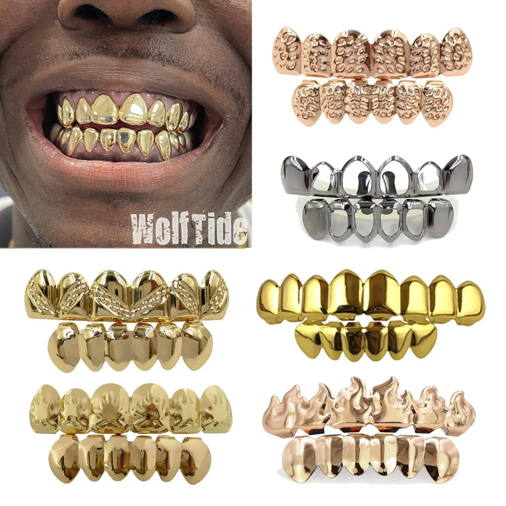 Hip Hop 18k Real Gold Braces Punk Teeth Grillz Dental Mouth Fang Grills Up Bottom Tooth Cap Cosplay Party Rapper Punk Rock Body Piercing Jewelry Gifts Wholesale
