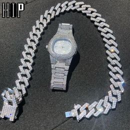 Hip Hop 1Kit 20MM Montre + Collier + Bracelet Strass Glacés Lourds Prong Chaîne Cubaine CZ Bling Rappeur Colliers Pour Hommes Bijoux