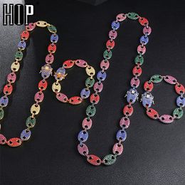 Hip Hop 1kit Bling Multicolor Coffee Bean Iced CZ Pig Pig Nose Rhinestone Charm Link Chain kettingen Bracelet voor mannen Jewelry216Q