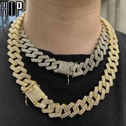 Hip Hop 1set 20mm or lourd Miami Prong plein glacé pavé strass chaîne cubaine CZ Bling rappeur colliers pour hommes bijoux 210330