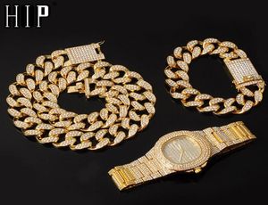 Hip Hop 20 MM 3 stks Set Miami Cubaanse Ketting Armband Horloge Iced Out Verharde Steentjes CZ Rapper Kettingen voor Mannen Sieraden Y3903681