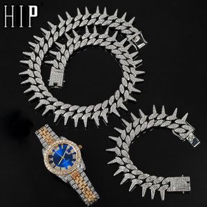 Hip Hop 25mm 3 stks Kit Zware horloge + doornen Ketting + Armband Bling Crystal AAA + Iced Out Cubaanse Rhinestones Kettingen voor Mannen Sieraden X0509