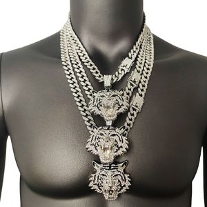 Hip Hop 3D Tigre Colgante Collar 24k Sólido Fino Amarillo Blanco Cristal CZ Cadena Cubana HipHop Iced Out Bling Collares Hombres Moda Charm Joyería Pesada