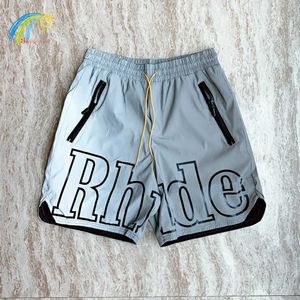 Pantalones cortos reflectantes Rhude de Hip Hop 3m para hombre y mujer, pantalones cortos de gran tamaño con estampado grande y cordón Bdd5 J9QE