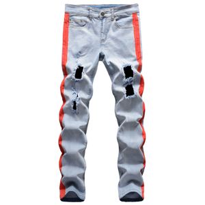 Hip Hop 4 Kleur Patchwork Jeans Mannen 2021 Gescheurde Gaten Slim Fit Jeans Broek Mannen Blauw Rood Geel Designer rechte Blauwe Jeans X0621