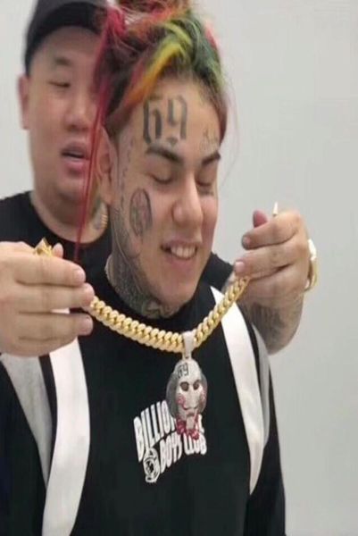 Hip Hop 6ix9ine le film Saw Mask Pendent Colliers for Men Luxury Diamonds 69 Pendants 18K Gold plaqué Copon Zircon Collier JE5876670